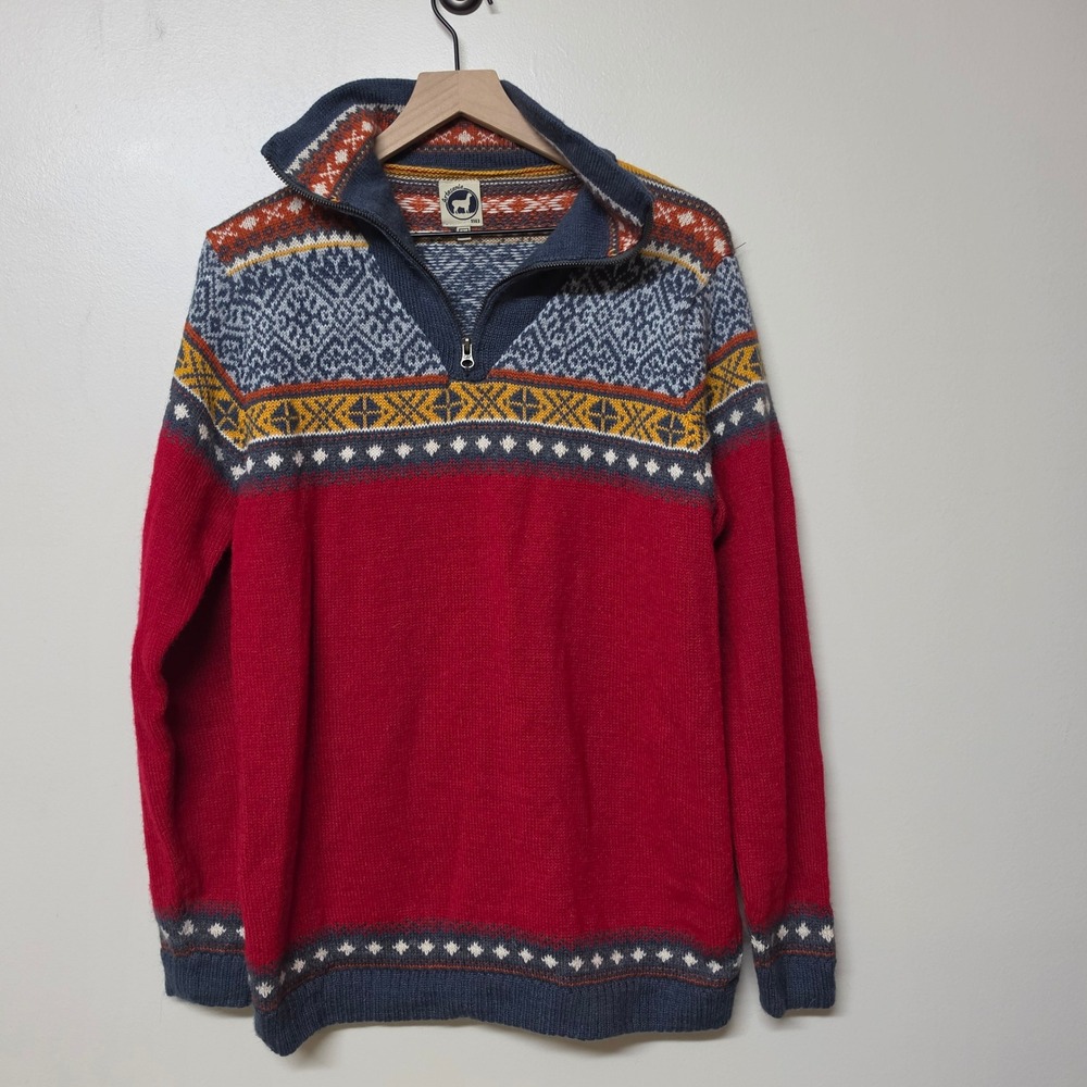 Artesania Peru Alpaca Blend Quarter Zip Fair Isle Sweater Mens Large Red Blue